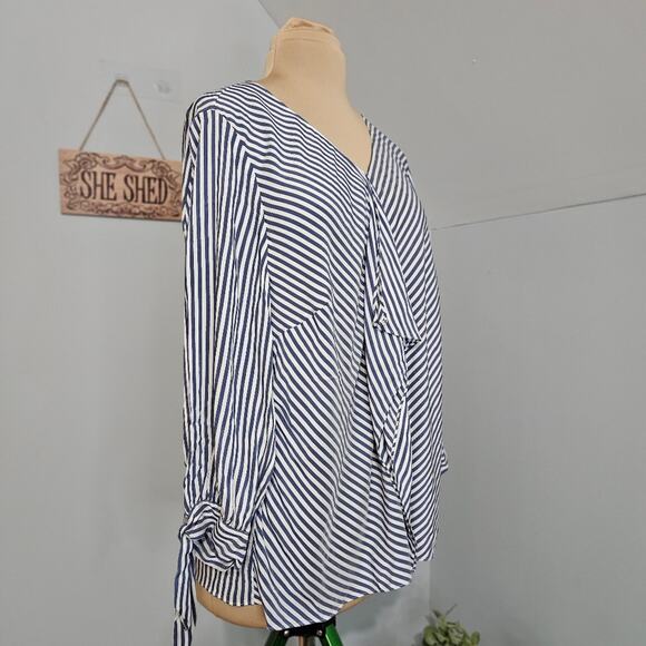 Chico's Top Womens XLP Striped Ruffle Front Tie Sleeve Blouse Career Corpcore - Picture 5 of 16